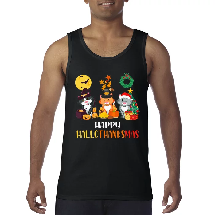 Cat Halloween Christmas Happy Hallothanksmas Thanksgiving Tank Top