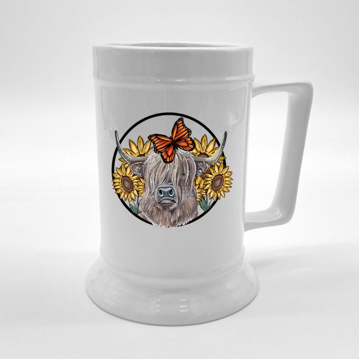 Country Highland Cow & Wild Sunflowers & Butterflies  Beer Stein