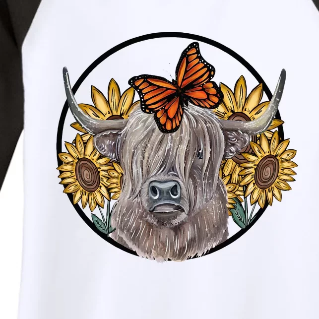 Country Highland Cow & Wild Sunflowers & Butterflies Women's Tri-Blend 3/4-Sleeve Raglan Shirt