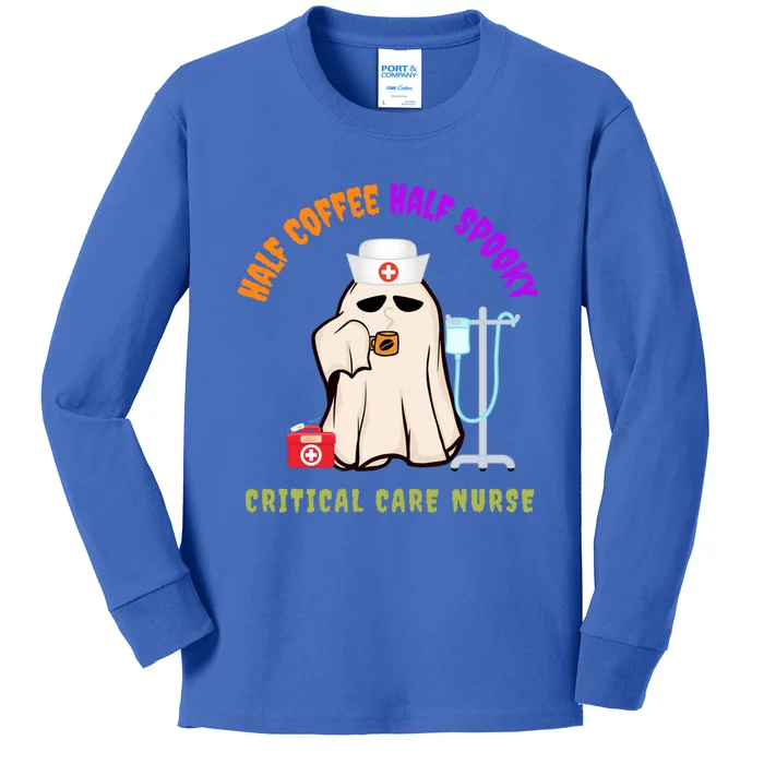 Cute Half Coffee Half Spooky Halloween Critical Care Nurse Gift Kids Long Sleeve Shirt