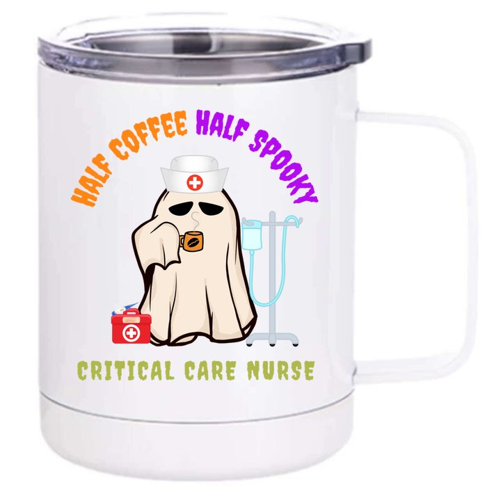 Cute Half Coffee Half Spooky Halloween Critical Care Nurse Gift Front & Back 12oz Stainless Steel Tumbler Cup