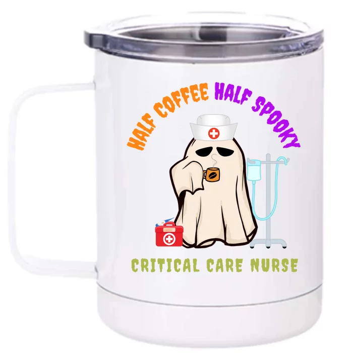 Cute Half Coffee Half Spooky Halloween Critical Care Nurse Gift Front & Back 12oz Stainless Steel Tumbler Cup