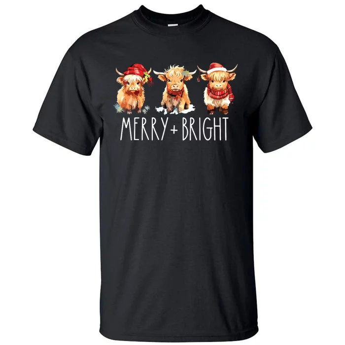 Cute Highland Cow Christmas Merry Bright Cow Xmas Farmer Tall T-Shirt