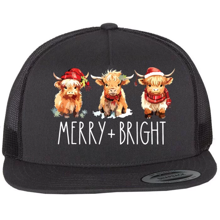 Cute Highland Cow Christmas Merry Bright Cow Xmas Farmer Flat Bill Trucker Hat