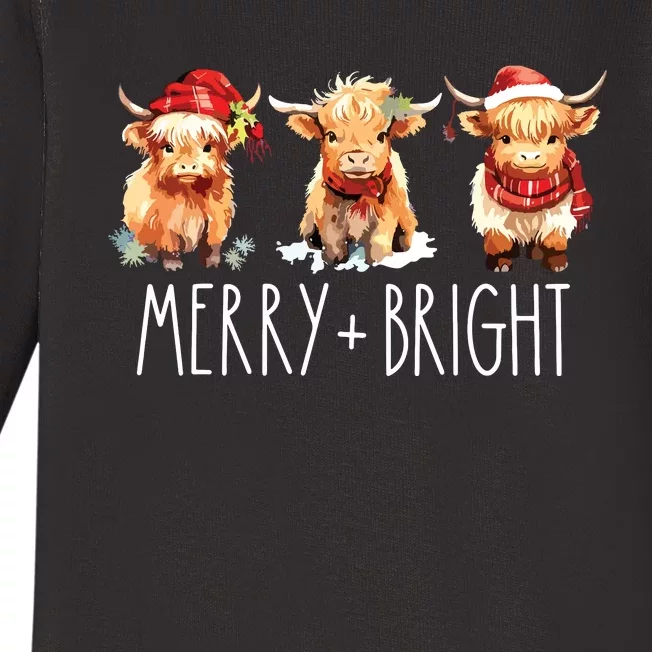 Cute Highland Cow Christmas Merry Bright Cow Xmas Farmer Baby Long Sleeve Bodysuit