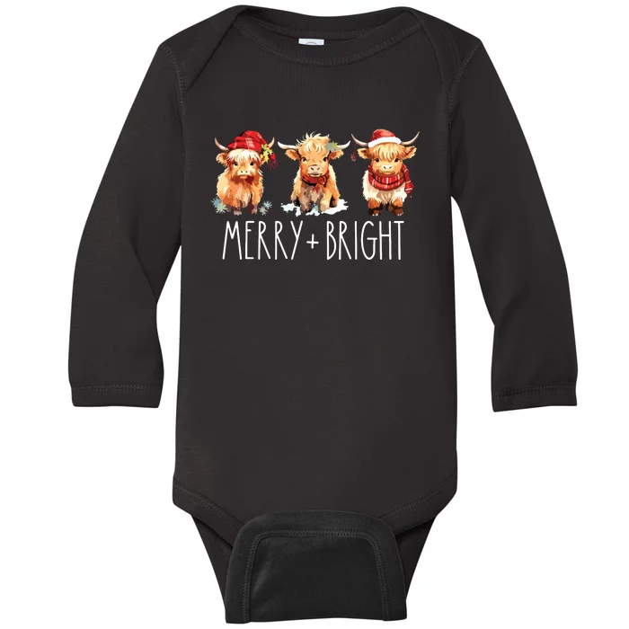 Cute Highland Cow Christmas Merry Bright Cow Xmas Farmer Baby Long Sleeve Bodysuit