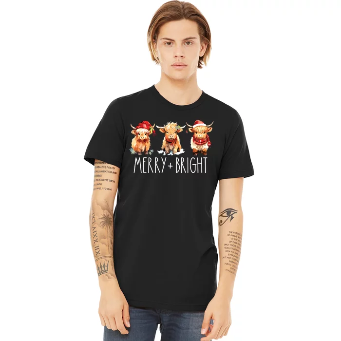 Cute Highland Cow Christmas Merry Bright Cow Xmas Farmer Premium T-Shirt