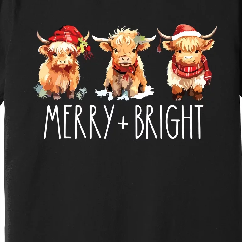 Cute Highland Cow Christmas Merry Bright Cow Xmas Farmer Premium T-Shirt