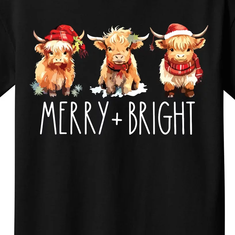 Cute Highland Cow Christmas Merry Bright Cow Xmas Farmer Kids T-Shirt