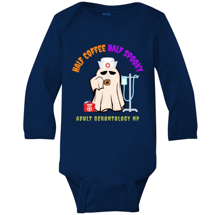 Cute Half Coffee Half Spooky Halloween Gerontologist Nurse Gift Baby Long Sleeve Bodysuit