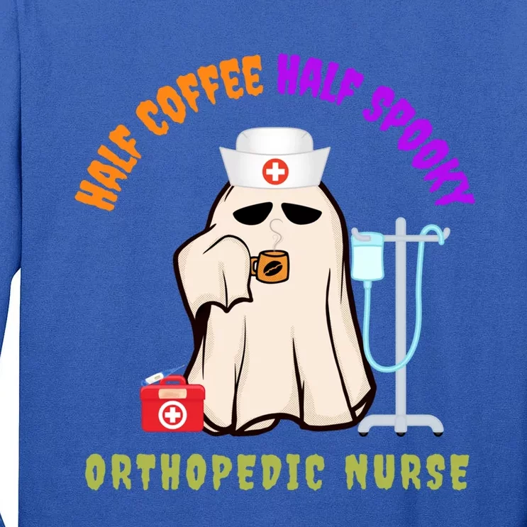 Cute Half Coffee Half Spooky Halloween Orthopedic Nurse Fun Cute Gift Tall Long Sleeve T-Shirt