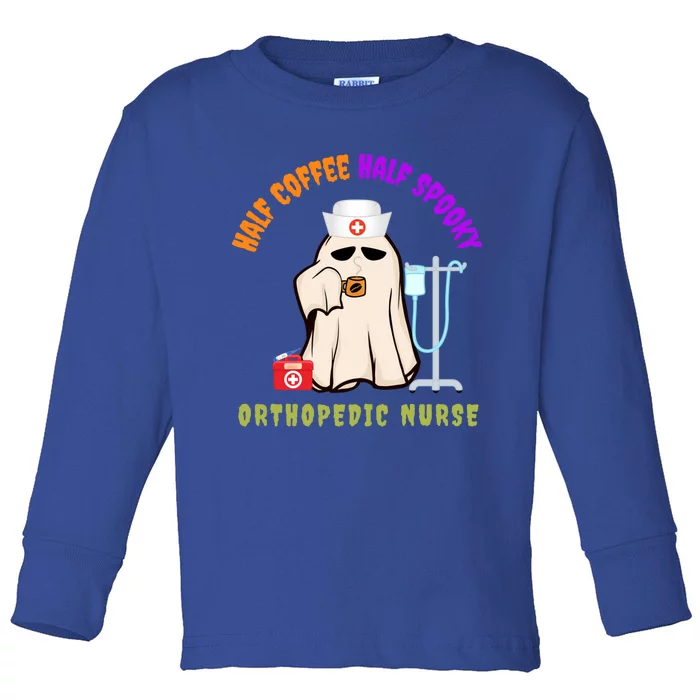 Cute Half Coffee Half Spooky Halloween Orthopedic Nurse Fun Cute Gift Toddler Long Sleeve Shirt