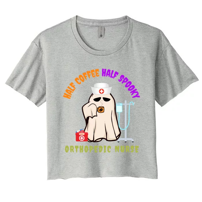 Cute Half Coffee Half Spooky Halloween Orthopedic Nurse Fun Cute Gift Women's Crop Top Tee