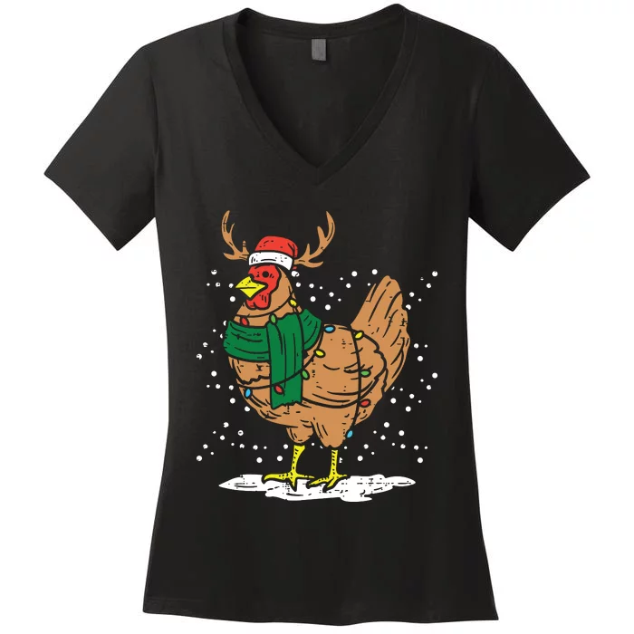 Christmas Hen Chicken Santa Hat Farmer Xmas Farm Women's V-Neck T-Shirt