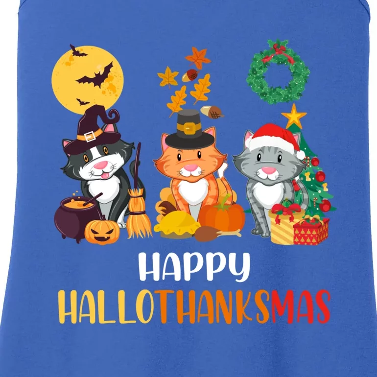 Cat Halloween Christmas Happy Hallothanksmas Thanksgiving Gift Ladies Essential Tank