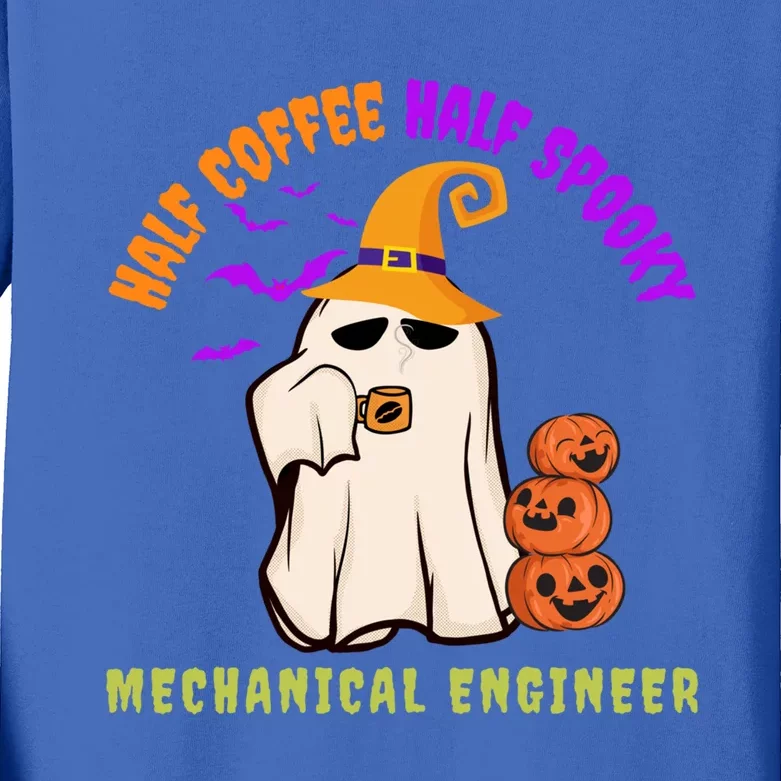 Cute Half Coffee Half Spooky Mechanical Engineer Halloween Gift Kids Long Sleeve Shirt