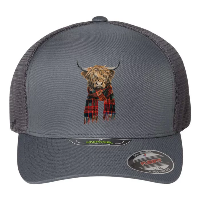 Cute Highland Cow Wearing Buffalo Plaid Scarf Farming Farmer Flexfit Unipanel Trucker Cap