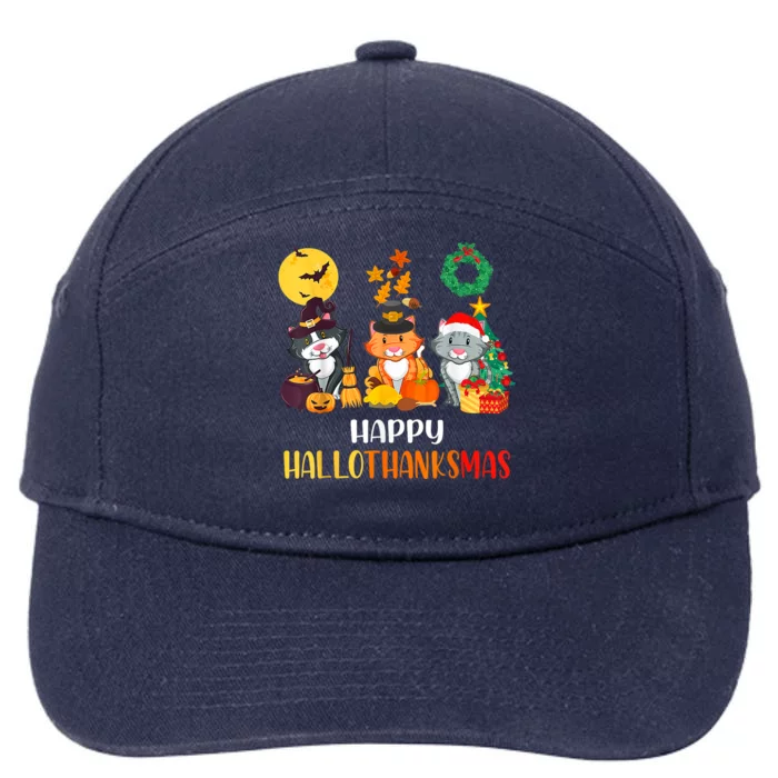 Cat Halloween Christmas Happy Hallothanksmas Thanksgiving 7-Panel Snapback Hat