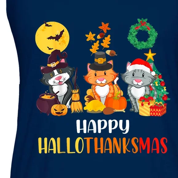 Cat Halloween Christmas Happy Hallothanksmas Thanksgiving Ladies Essential Flowy Tank