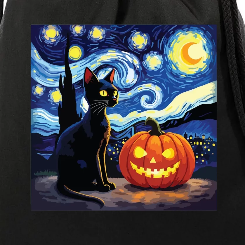 Cat Halloween Cat Lovers Starry Night Cat Van Gogh Drawstring Bag