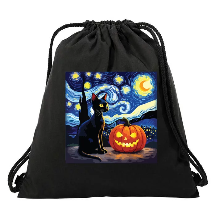 Cat Halloween Cat Lovers Starry Night Cat Van Gogh Drawstring Bag