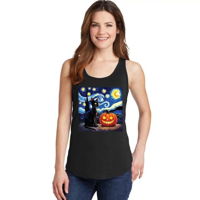 Cat Halloween Cat Lovers Starry Night Cat Van Gogh Ladies Essential Tank