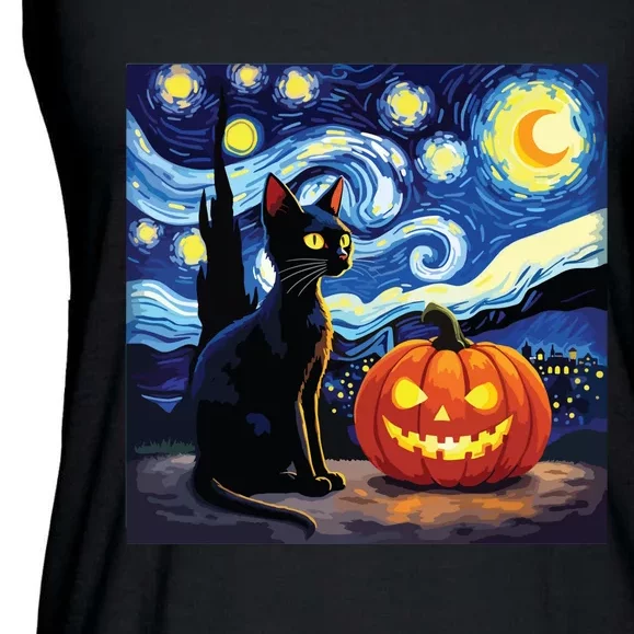 Cat Halloween Cat Lovers Starry Night Cat Van Gogh Ladies Essential Flowy Tank