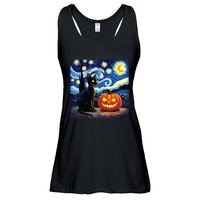 Cat Halloween Cat Lovers Starry Night Cat Van Gogh Ladies Essential Flowy Tank