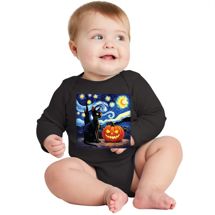 Cat Halloween Cat Lovers Starry Night Cat Van Gogh Baby Long Sleeve Bodysuit