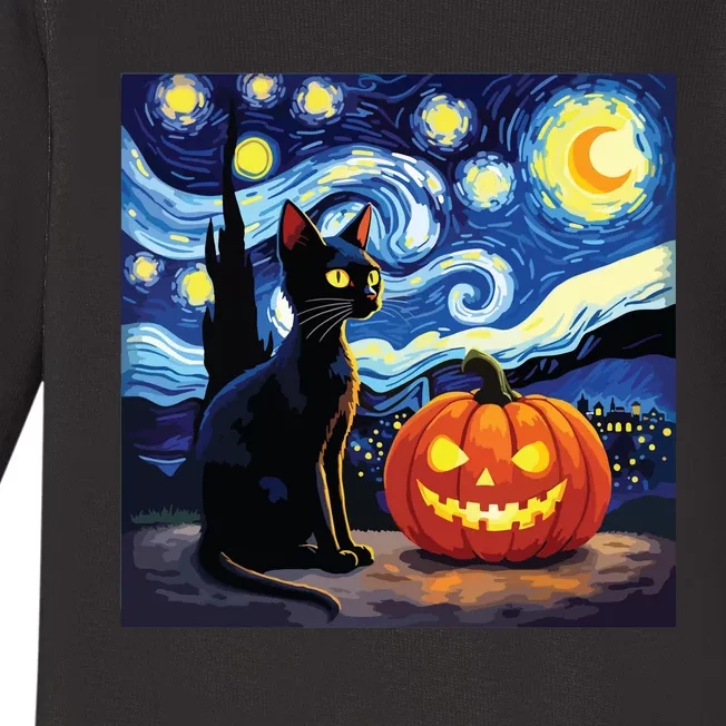 Cat Halloween Cat Lovers Starry Night Cat Van Gogh Baby Long Sleeve Bodysuit