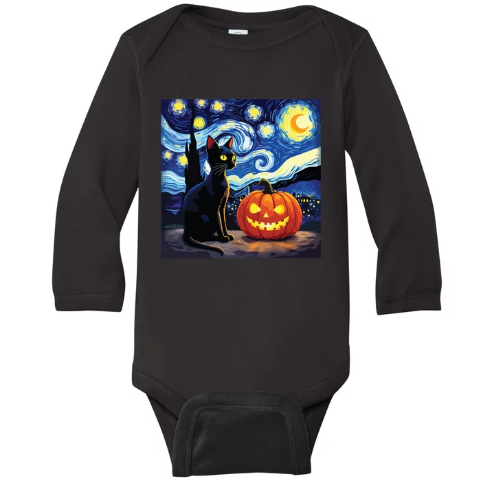 Cat Halloween Cat Lovers Starry Night Cat Van Gogh Baby Long Sleeve Bodysuit