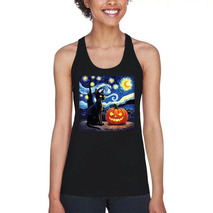 Cat Halloween Cat Lovers Starry Night Cat Van Gogh Women's Racerback Tank