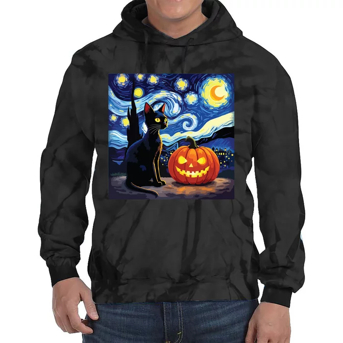 Cat Halloween Cat Lovers Starry Night Cat Van Gogh Tie Dye Hoodie