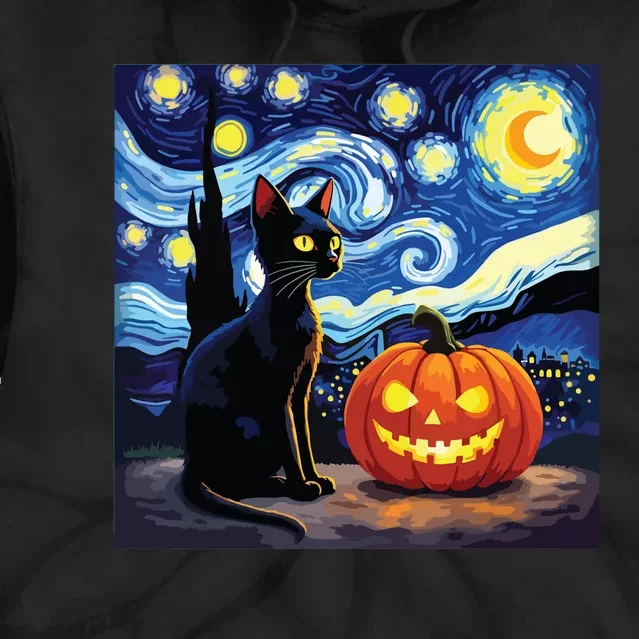 Cat Halloween Cat Lovers Starry Night Cat Van Gogh Tie Dye Hoodie