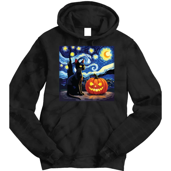 Cat Halloween Cat Lovers Starry Night Cat Van Gogh Tie Dye Hoodie