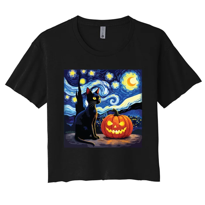 Cat Halloween Cat Lovers Starry Night Cat Van Gogh Women's Crop Top Tee