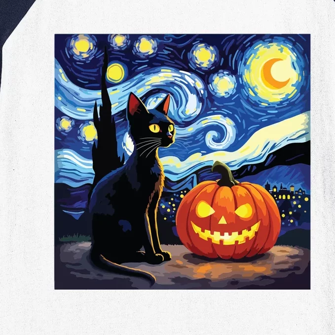 Cat Halloween Cat Lovers Starry Night Cat Van Gogh Baseball Sleeve Shirt