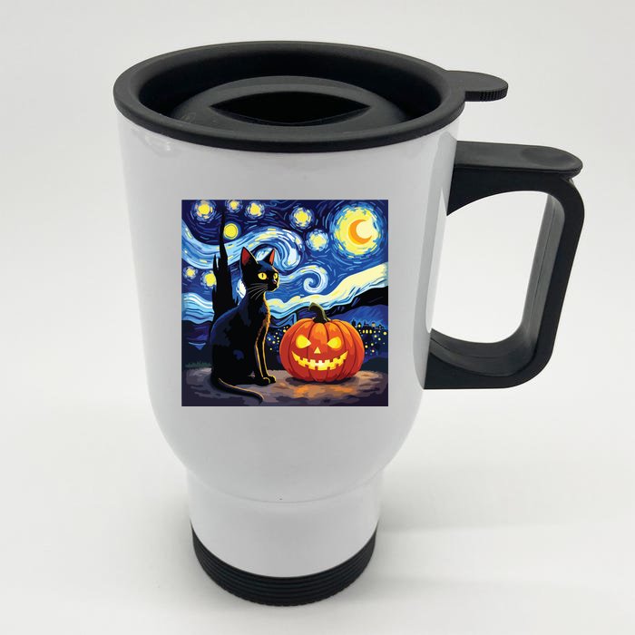 Cat Halloween Cat Lovers Starry Night Cat Van Gogh Front & Back Stainless Steel Travel Mug