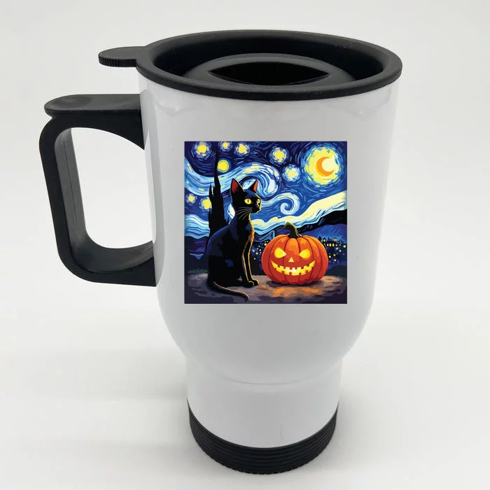 Cat Halloween Cat Lovers Starry Night Cat Van Gogh Front & Back Stainless Steel Travel Mug