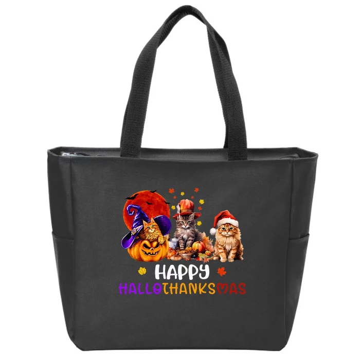 Cat Halloween Christmas Happy Hallothanksmas Thanksgiving Zip Tote Bag