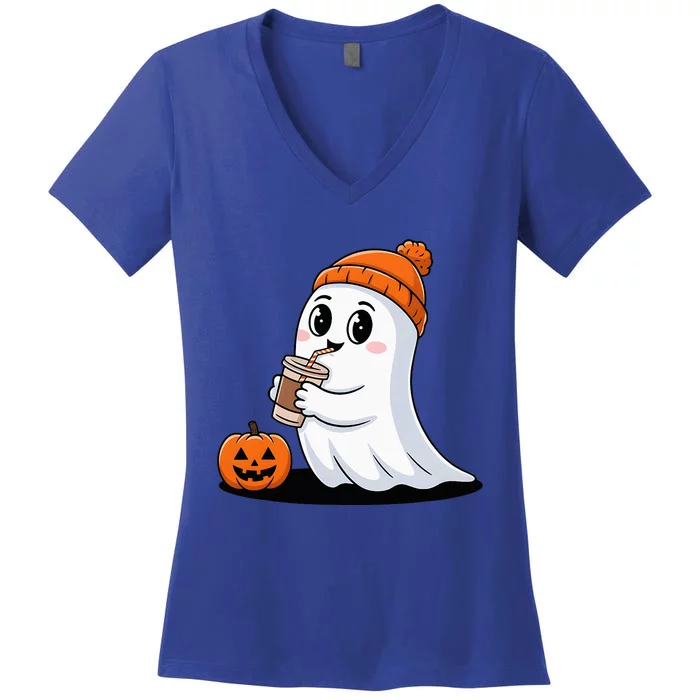 Cute Halloween Coffee Ghost Pumpkin Fall Vibes Women's V-Neck T-Shirt