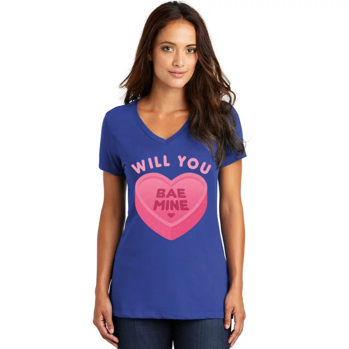 Conversation Heart Cute Valentine's Day Will You Bae Mine Gift Women's V-Neck T-Shirt