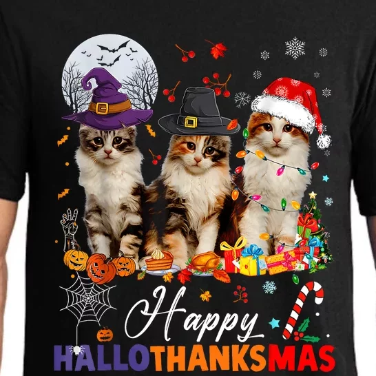 Cat Halloween Christmas Happy Hallothanksmas Thanksgiving Pajama Set