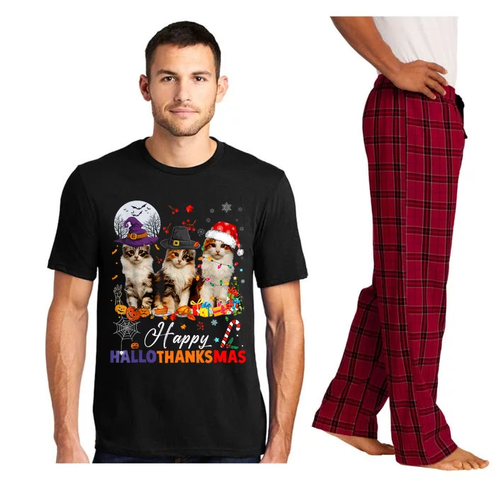 Cat Halloween Christmas Happy Hallothanksmas Thanksgiving Pajama Set