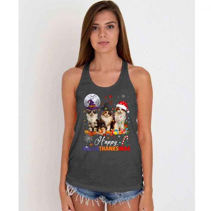 Cat Halloween Christmas Happy Hallothanksmas Thanksgiving Women's Knotted Racerback Tank