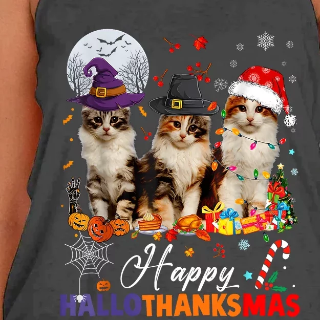 Cat Halloween Christmas Happy Hallothanksmas Thanksgiving Women's Knotted Racerback Tank