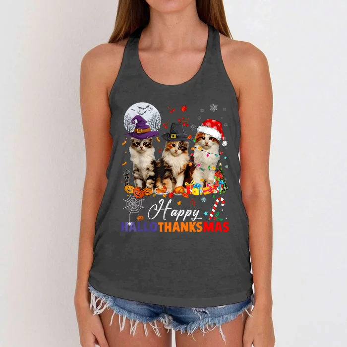 Cat Halloween Christmas Happy Hallothanksmas Thanksgiving Women's Knotted Racerback Tank