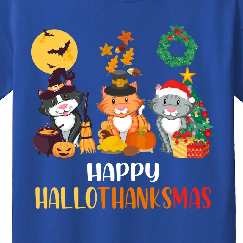 Cat Halloween Christmas Happy Hallothanksmas Thanksgiving Kids T-Shirt