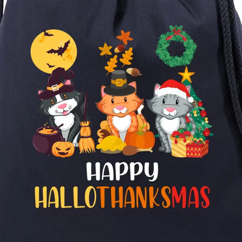 Cat Halloween Christmas Happy Hallothanksmas Thanksgiving Drawstring Bag