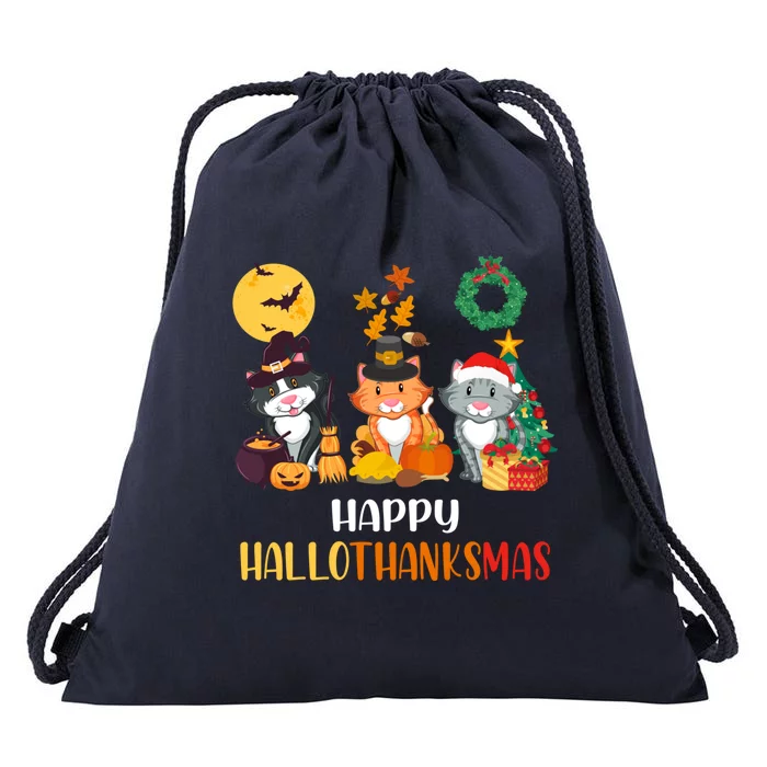 Cat Halloween Christmas Happy Hallothanksmas Thanksgiving Drawstring Bag